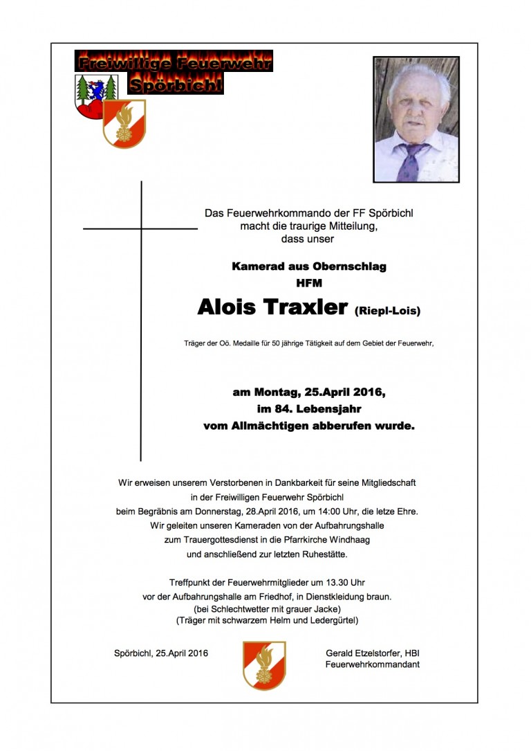 Trauermitteilung Alois Traxler